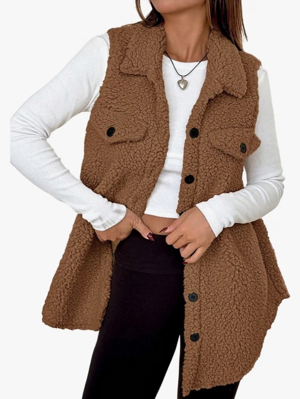 Cozy Faux Shearling Button-Front Vest - Brown